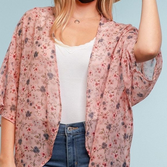 Blush Floral Short Sleeve Sheer Hi-Lo Kimono - Picture 1 of 4
